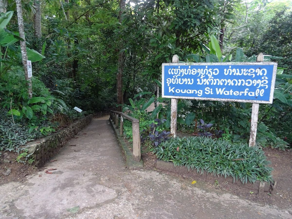 Blue sign on wooden posts in a Lao forest, two lines of Lao script above the words Kouang Si Waterfall
